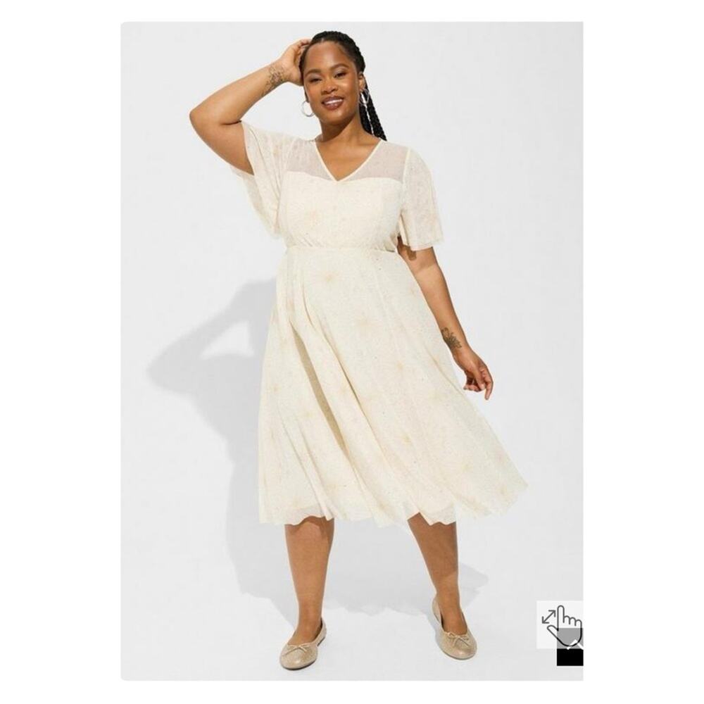 Torrid Cream Pristine Starburst Mesh Flutter Sleeve Midi Dress Sz.24W NWT